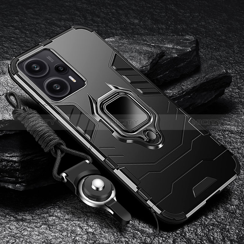 Custodia Silicone e Plastica Opaca Cover con Magnetico Anello Supporto R01 per Xiaomi Redmi Note 12 Turbo 5G Nero