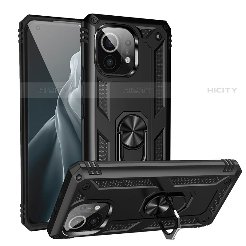 Custodia Silicone e Plastica Opaca Cover con Magnetico Anello Supporto R02 per Xiaomi Mi 11 Lite 5G NE Nero