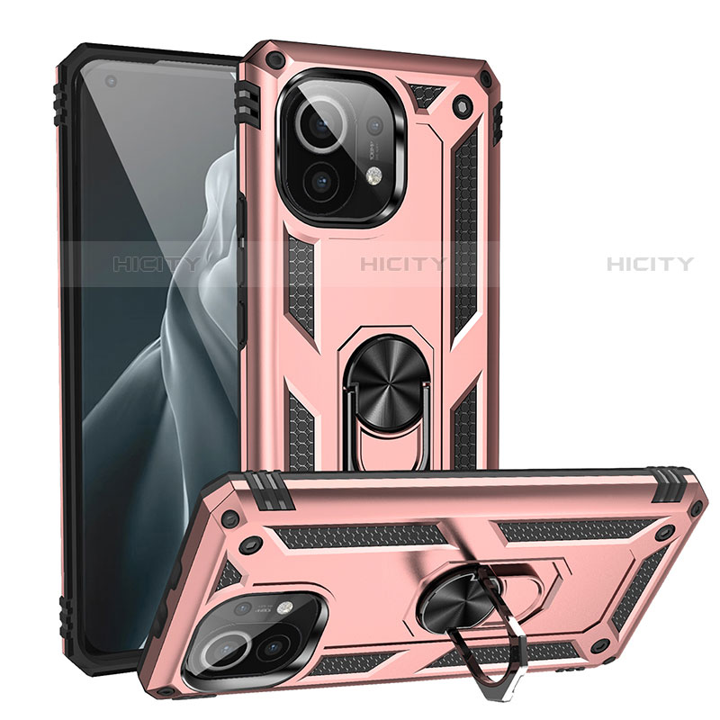 Custodia Silicone e Plastica Opaca Cover con Magnetico Anello Supporto R02 per Xiaomi Mi 11 Lite 5G Oro Rosa