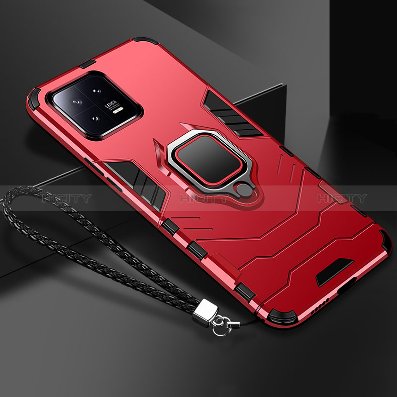 Custodia Silicone e Plastica Opaca Cover con Magnetico Anello Supporto R02 per Xiaomi Mi 13 5G Rosso