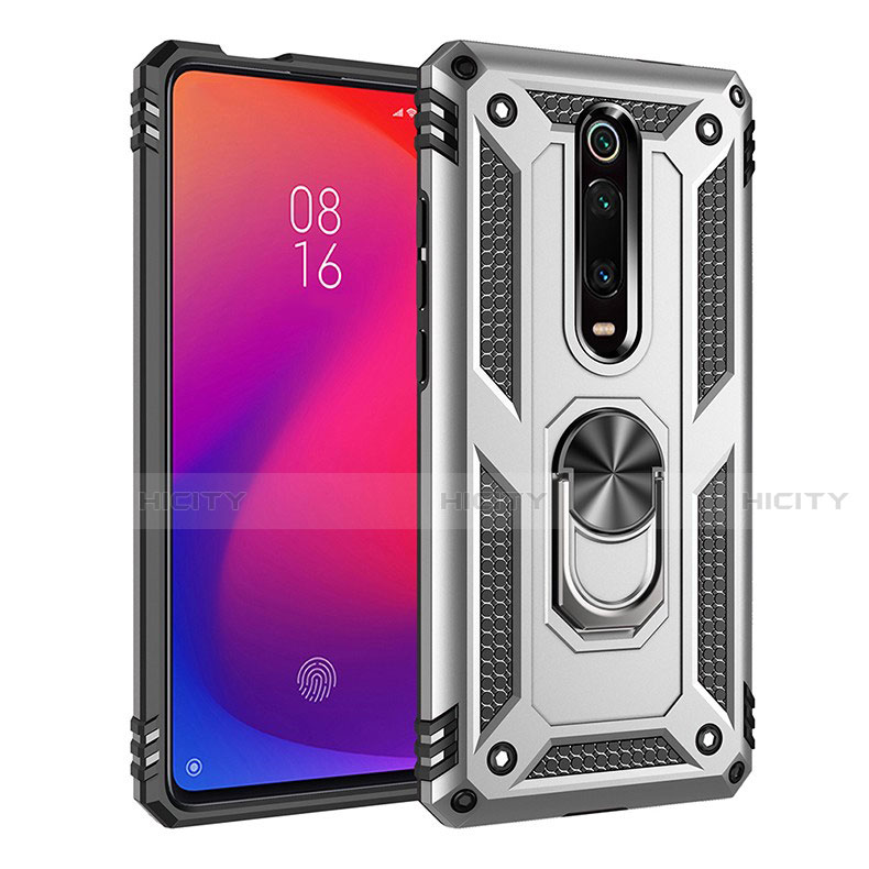 Custodia Silicone e Plastica Opaca Cover con Magnetico Anello Supporto R02 per Xiaomi Mi 9T Argento