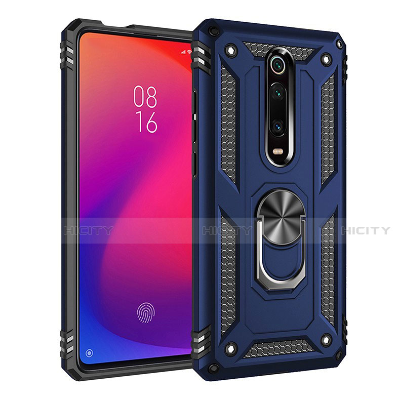 Custodia Silicone e Plastica Opaca Cover con Magnetico Anello Supporto R02 per Xiaomi Mi 9T Blu