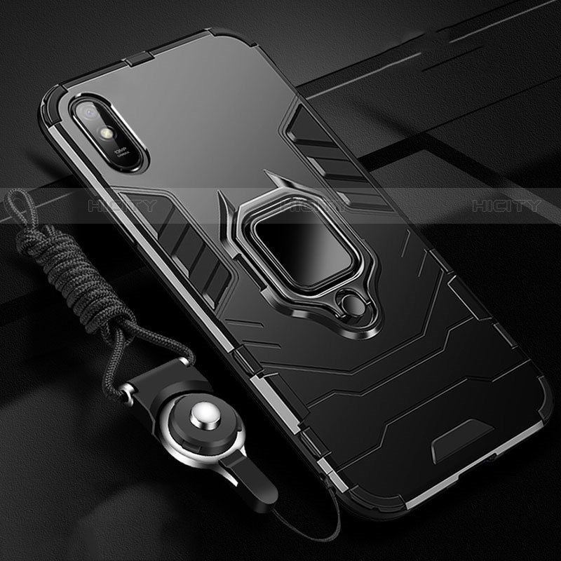 Custodia Silicone e Plastica Opaca Cover con Magnetico Anello Supporto R02 per Xiaomi Redmi 9A Nero