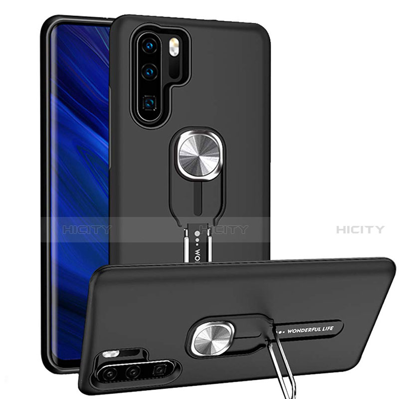 Custodia Silicone e Plastica Opaca Cover con Magnetico Anello Supporto R03 per Huawei P30 Pro New Edition Nero