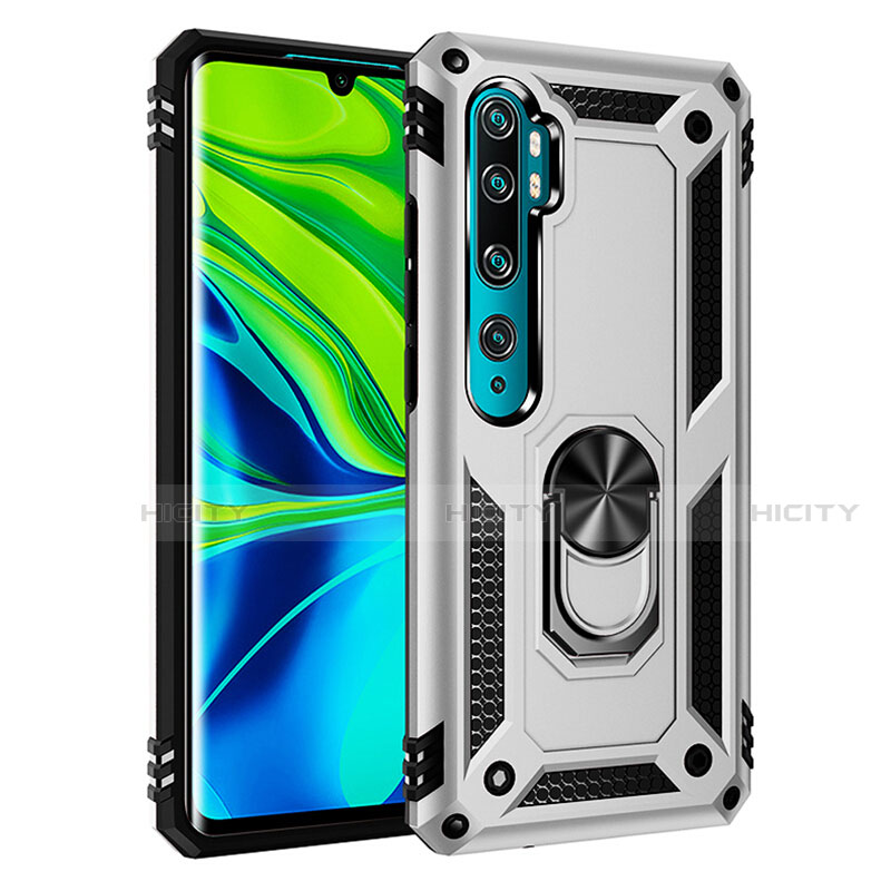 Custodia Silicone e Plastica Opaca Cover con Magnetico Anello Supporto R03 per Xiaomi Mi Note 10 Pro Argento