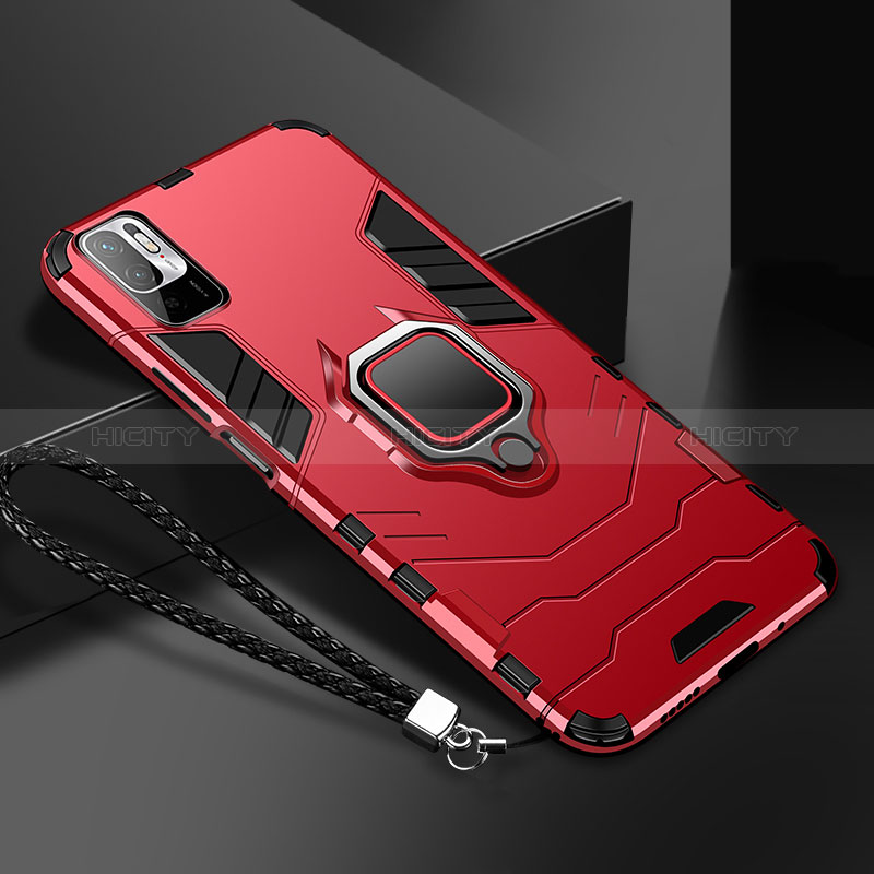 Custodia Silicone e Plastica Opaca Cover con Magnetico Anello Supporto R03 per Xiaomi Redmi Note 10T 5G Rosso