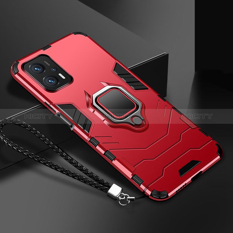 Custodia Silicone e Plastica Opaca Cover con Magnetico Anello Supporto R03 per Xiaomi Redmi Note 11T Pro+ Plus 5G Rosso