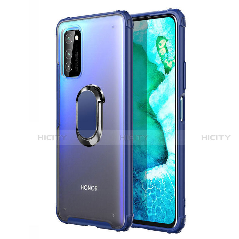 Custodia Silicone e Plastica Opaca Cover con Magnetico Anello Supporto R04 per Huawei Honor View 30 5G Blu