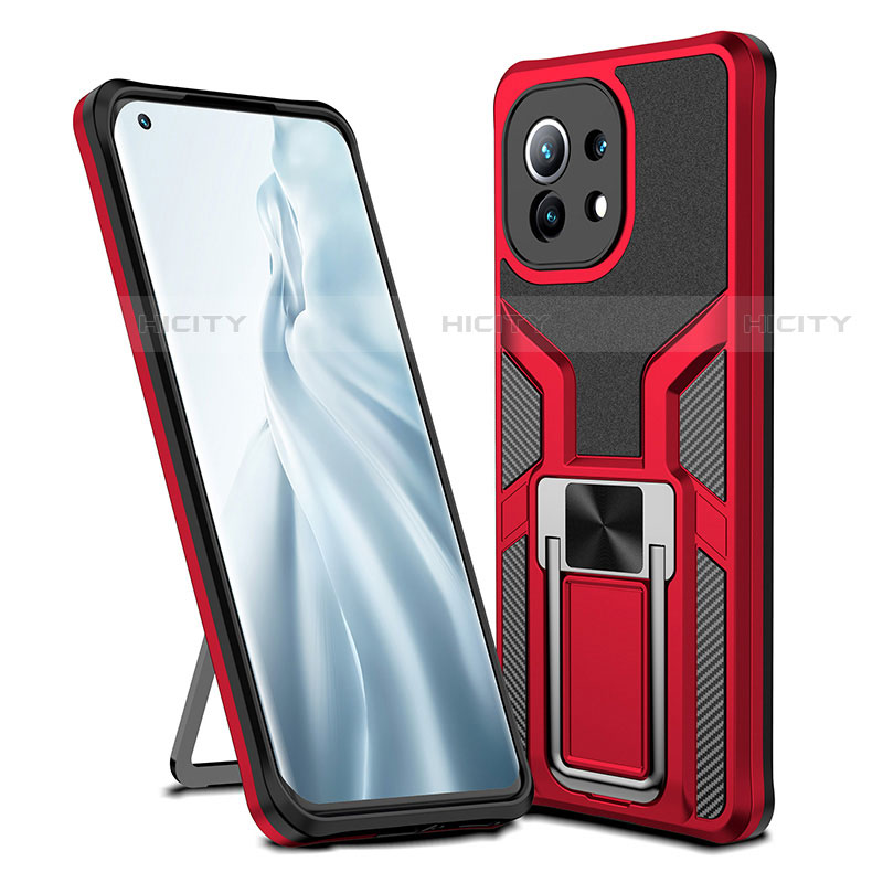 Custodia Silicone e Plastica Opaca Cover con Magnetico Anello Supporto R04 per Xiaomi Mi 11 5G Rosso