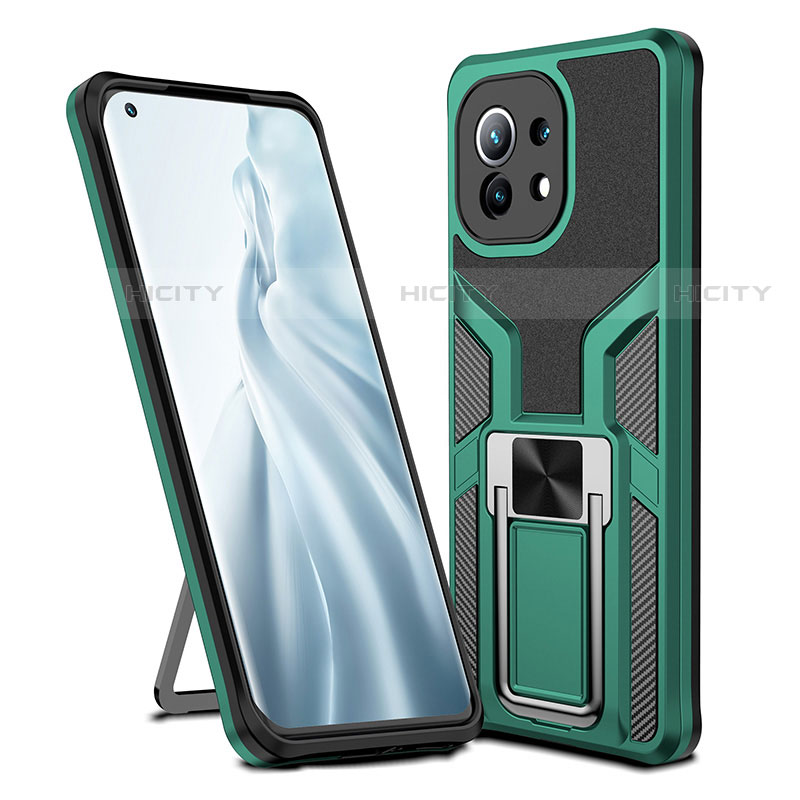 Custodia Silicone e Plastica Opaca Cover con Magnetico Anello Supporto R04 per Xiaomi Mi 11 5G Verde