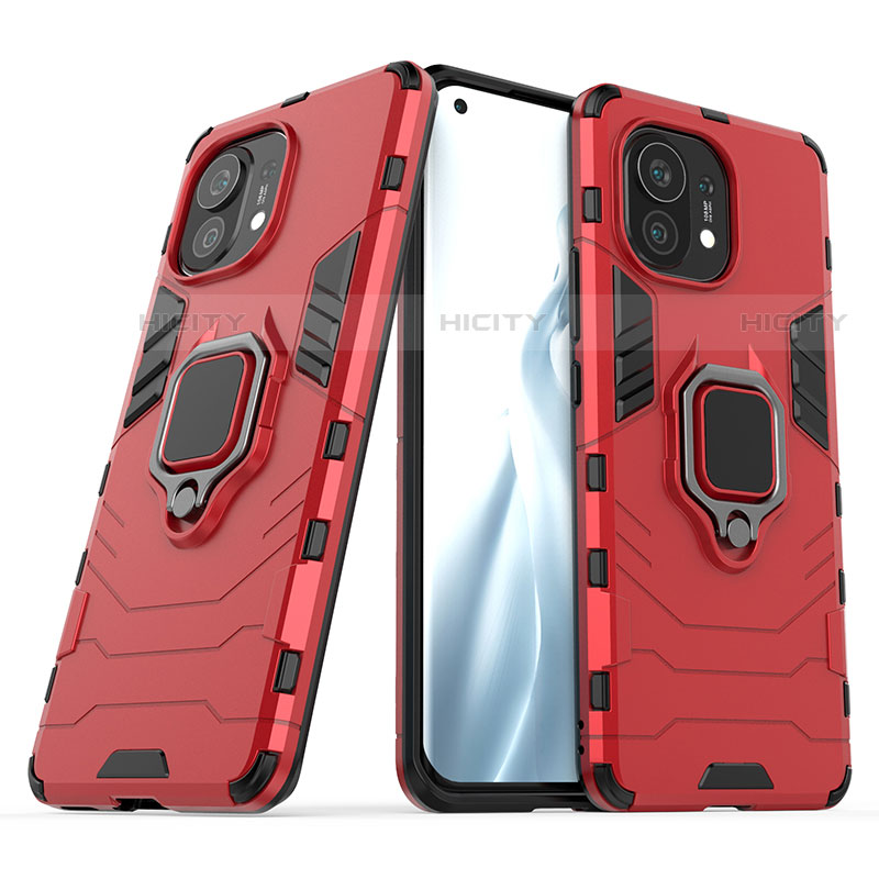 Custodia Silicone e Plastica Opaca Cover con Magnetico Anello Supporto R05 per Xiaomi Mi 11 Lite 5G Rosso