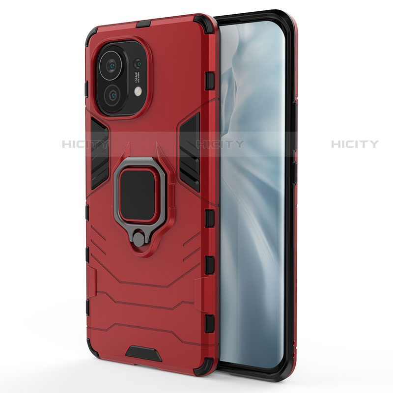 Custodia Silicone e Plastica Opaca Cover con Magnetico Anello Supporto R06 per Xiaomi Mi 11 Lite 5G NE Rosso