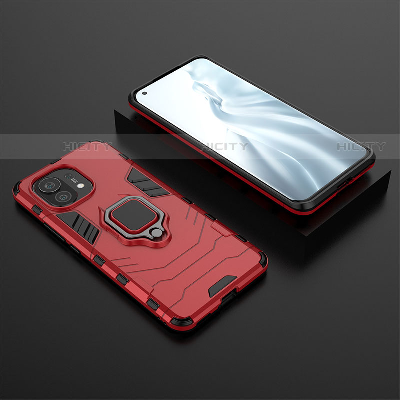 Custodia Silicone e Plastica Opaca Cover con Magnetico Anello Supporto R07 per Xiaomi Mi 11 5G Rosso