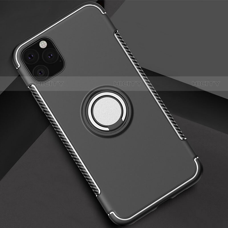 Custodia Silicone e Plastica Opaca Cover con Magnetico Anello Supporto S01 per Apple iPhone 11 Pro Max Nero