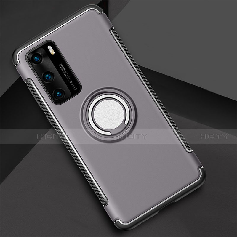 Custodia Silicone e Plastica Opaca Cover con Magnetico Anello Supporto S01 per Huawei P40 Grigio Scuro