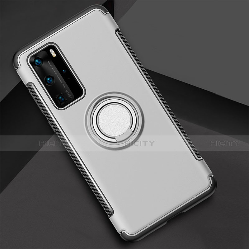 Custodia Silicone e Plastica Opaca Cover con Magnetico Anello Supporto S01 per Huawei P40 Pro Argento