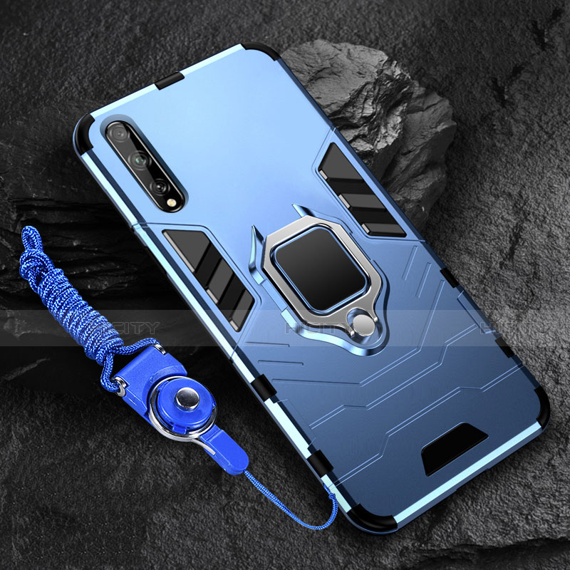 Custodia Silicone e Plastica Opaca Cover con Magnetico Anello Supporto S01 per Huawei Y8p Blu