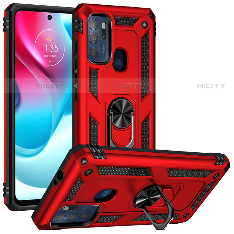 Custodia Silicone e Plastica Opaca Cover con Magnetico Anello Supporto S01 per Motorola Moto G60s Rosso