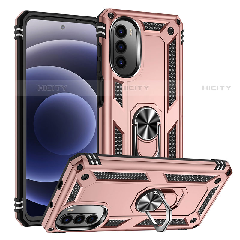 Custodia Silicone e Plastica Opaca Cover con Magnetico Anello Supporto S01 per Motorola Moto G71s 5G Oro Rosa