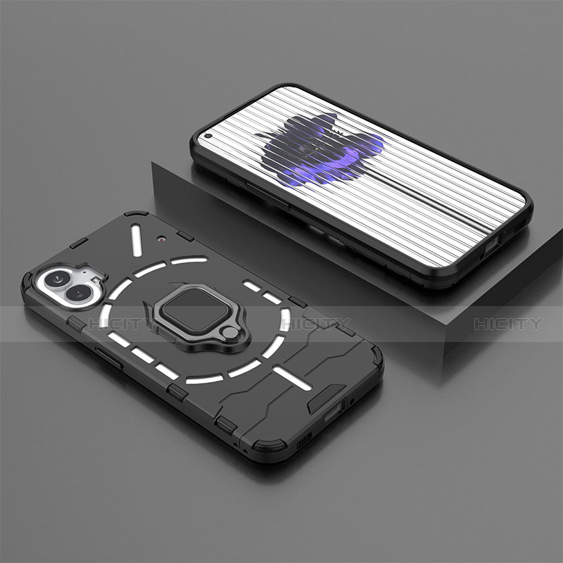 Custodia Silicone e Plastica Opaca Cover con Magnetico Anello Supporto S01 per Nothing Phone 1 Nero