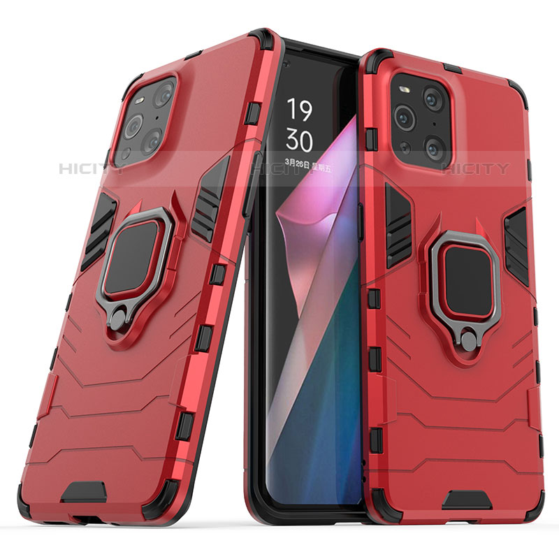 Custodia Silicone e Plastica Opaca Cover con Magnetico Anello Supporto S01 per Oppo Find X3 Pro 5G Rosso