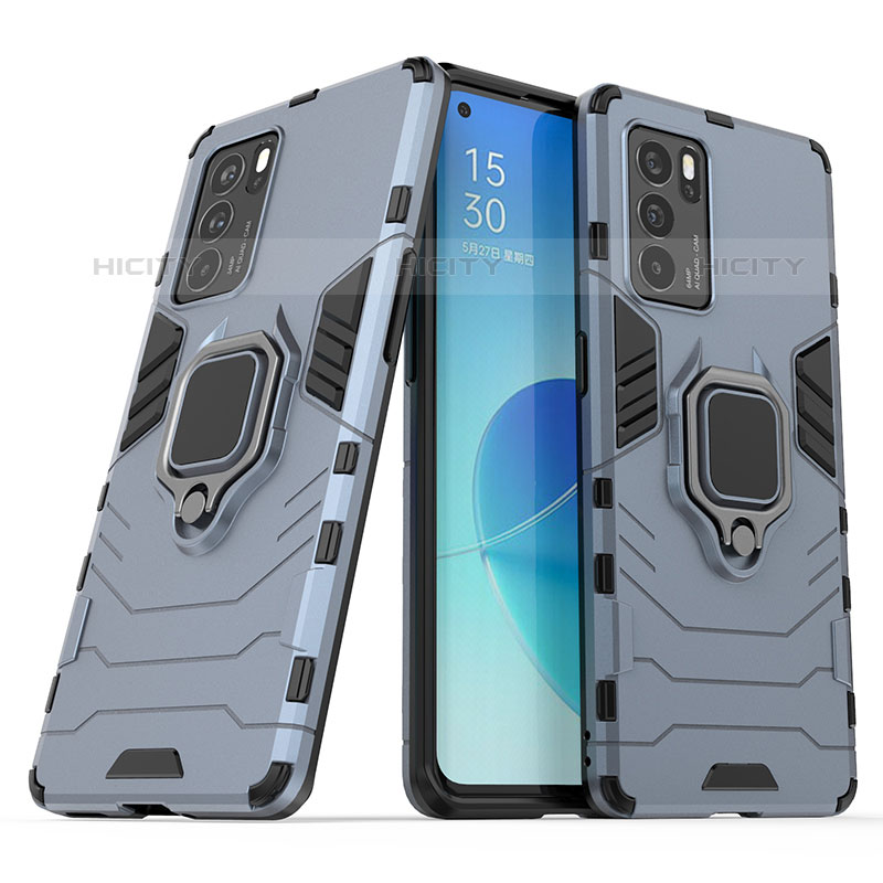 Custodia Silicone e Plastica Opaca Cover con Magnetico Anello Supporto S01 per Oppo Reno6 Pro 5G India Blu