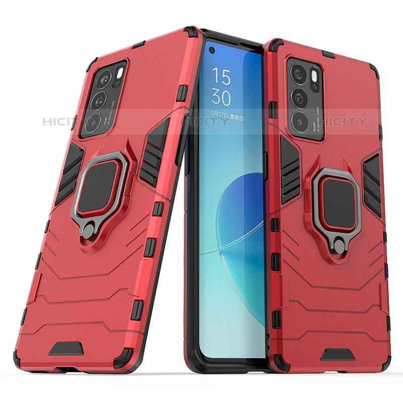 Custodia Silicone e Plastica Opaca Cover con Magnetico Anello Supporto S01 per Oppo Reno6 Pro 5G India Rosso