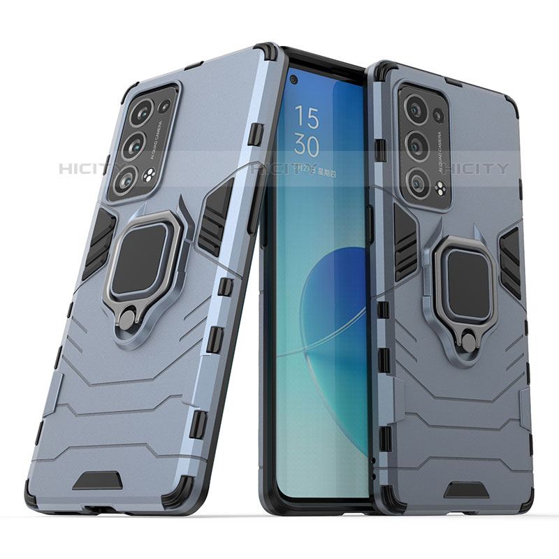 Custodia Silicone e Plastica Opaca Cover con Magnetico Anello Supporto S01 per Oppo Reno6 Pro+ Plus 5G Blu