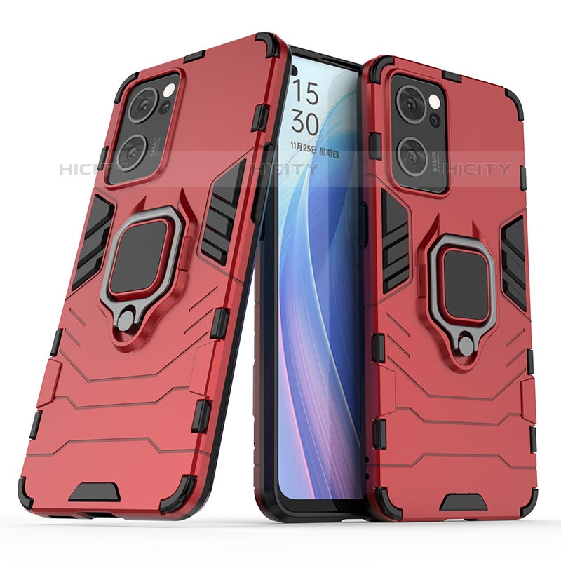 Custodia Silicone e Plastica Opaca Cover con Magnetico Anello Supporto S01 per Oppo Reno7 5G Rosso