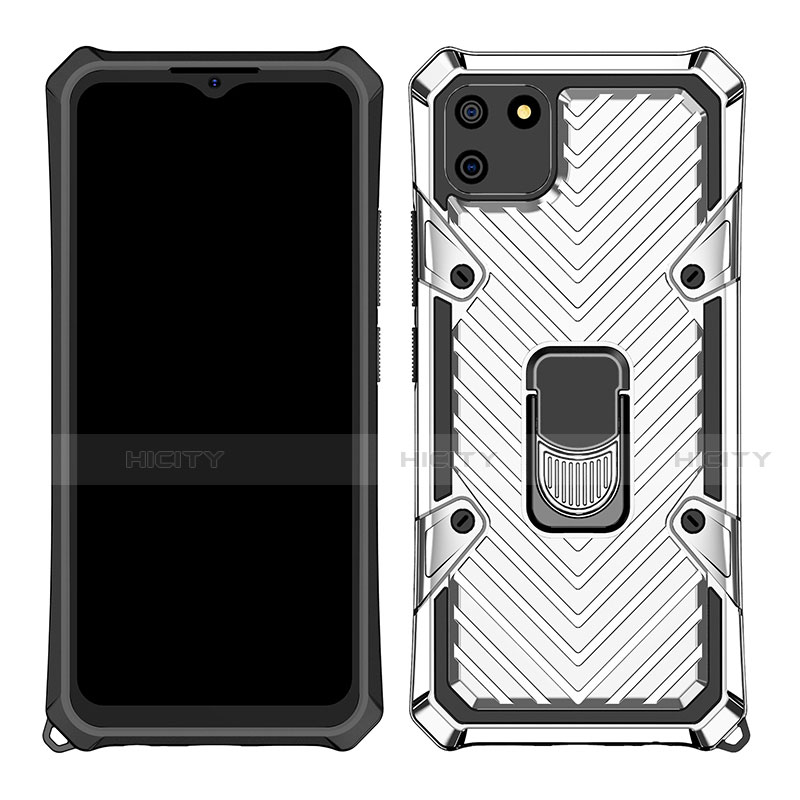 Custodia Silicone e Plastica Opaca Cover con Magnetico Anello Supporto S01 per Realme C11 Argento