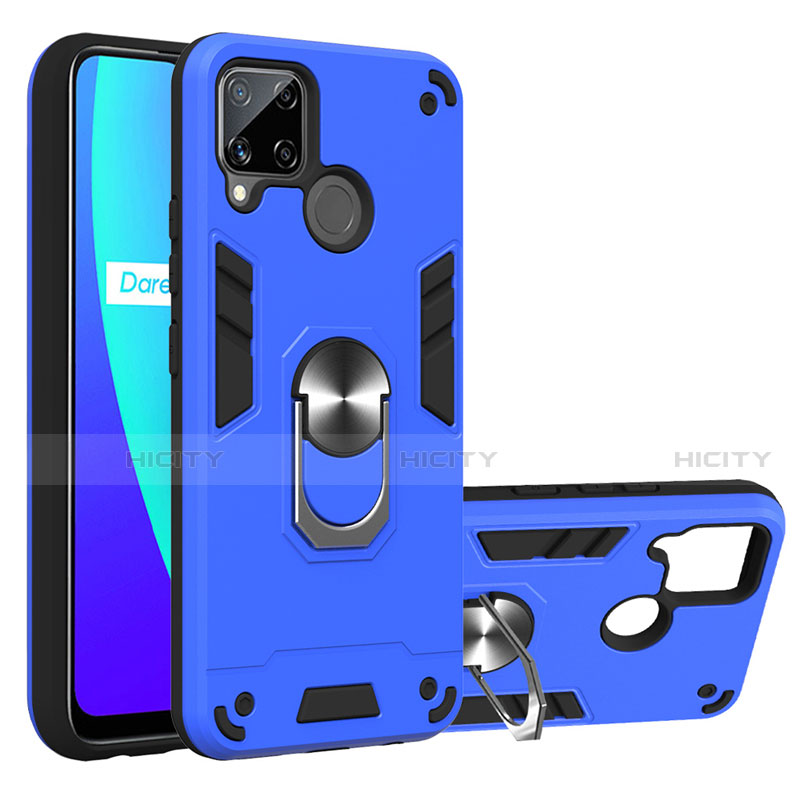 Custodia Silicone e Plastica Opaca Cover con Magnetico Anello Supporto S01 per Realme C15 Blu