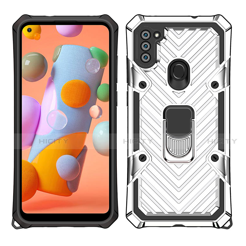 Custodia Silicone e Plastica Opaca Cover con Magnetico Anello Supporto S01 per Samsung Galaxy A11 Argento