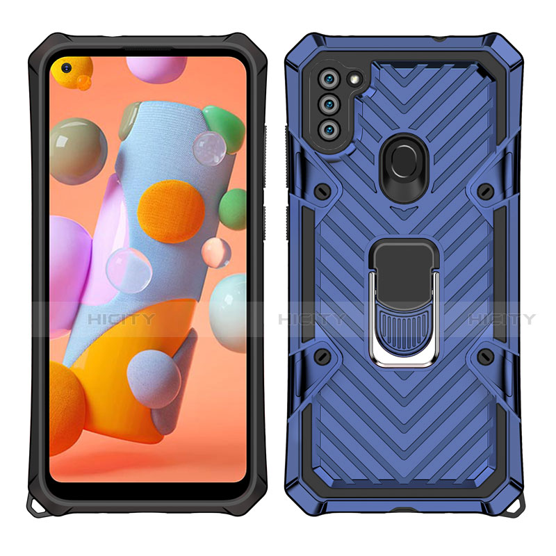 Custodia Silicone e Plastica Opaca Cover con Magnetico Anello Supporto S01 per Samsung Galaxy A11 Blu