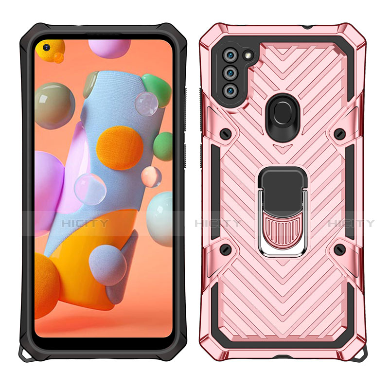 Custodia Silicone e Plastica Opaca Cover con Magnetico Anello Supporto S01 per Samsung Galaxy A11 Oro Rosa