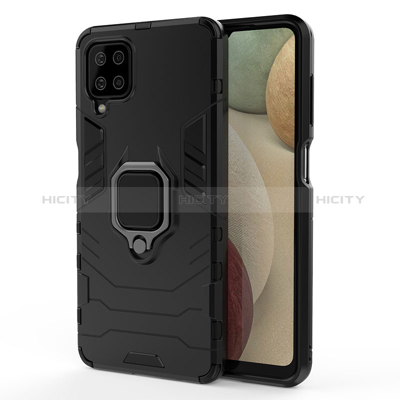 Custodia Silicone e Plastica Opaca Cover con Magnetico Anello Supporto S01 per Samsung Galaxy A12 Nero