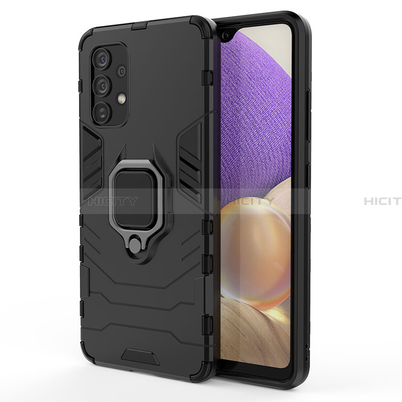 Custodia Silicone e Plastica Opaca Cover con Magnetico Anello Supporto S01 per Samsung Galaxy A32 4G Nero