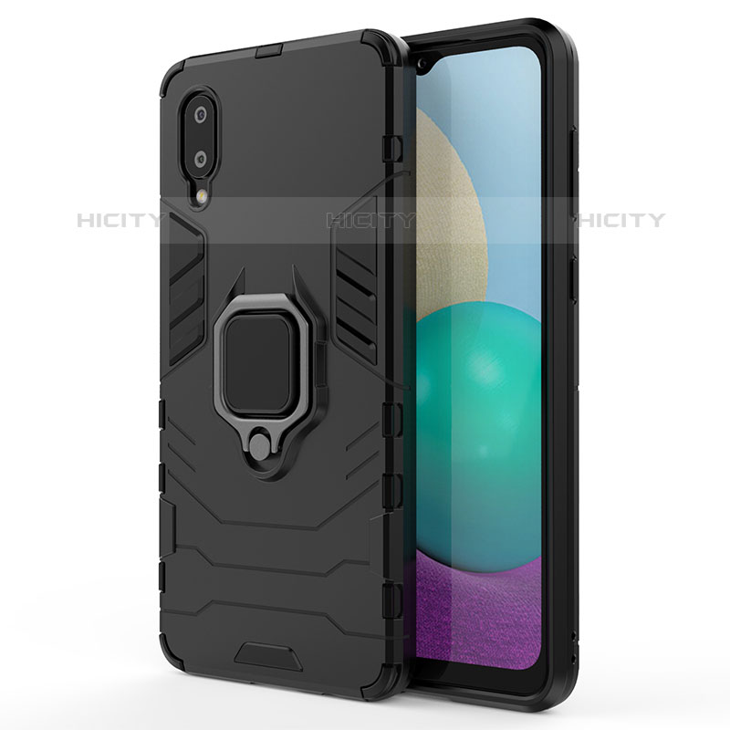 Custodia Silicone e Plastica Opaca Cover con Magnetico Anello Supporto S01 per Samsung Galaxy M02 Nero