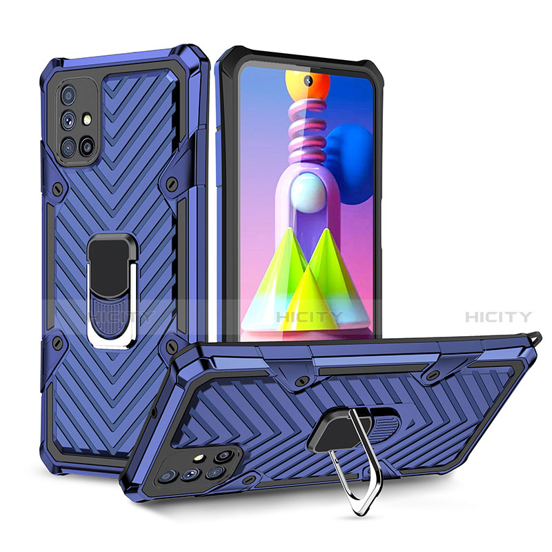 Custodia Silicone e Plastica Opaca Cover con Magnetico Anello Supporto S01 per Samsung Galaxy M51 Blu