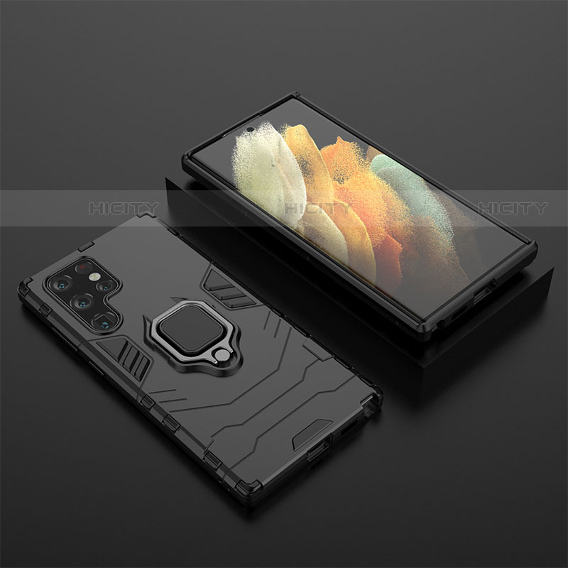 Custodia Silicone e Plastica Opaca Cover con Magnetico Anello Supporto S01 per Samsung Galaxy S21 Ultra 5G Nero