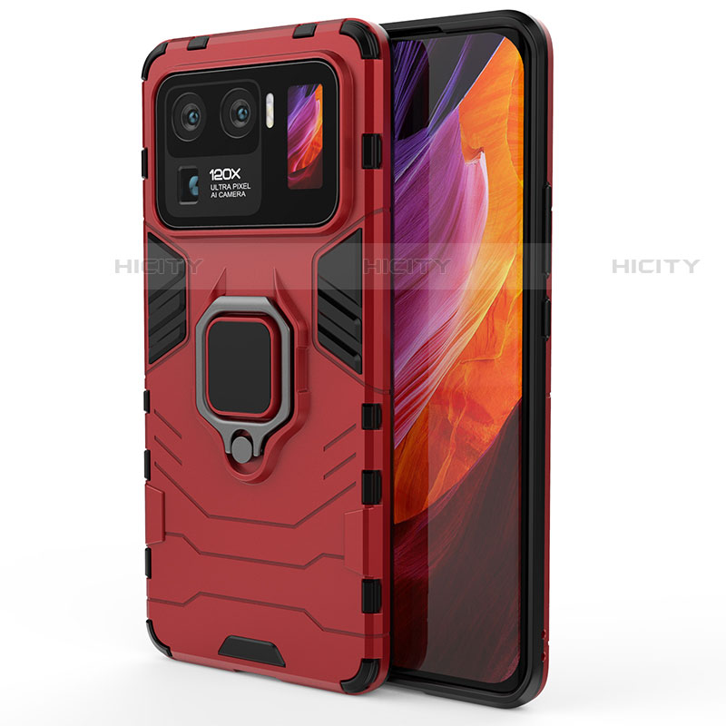 Custodia Silicone e Plastica Opaca Cover con Magnetico Anello Supporto S01 per Xiaomi Mi 11 Ultra 5G Rosso