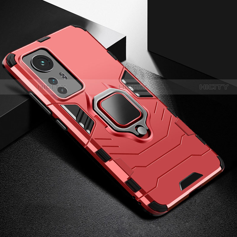 Custodia Silicone e Plastica Opaca Cover con Magnetico Anello Supporto S01 per Xiaomi Mi 12X 5G Rosso