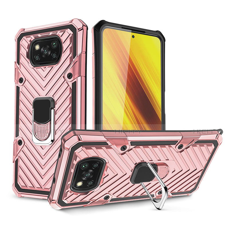 Custodia Silicone e Plastica Opaca Cover con Magnetico Anello Supporto S01 per Xiaomi Poco X3 Pro Oro Rosa