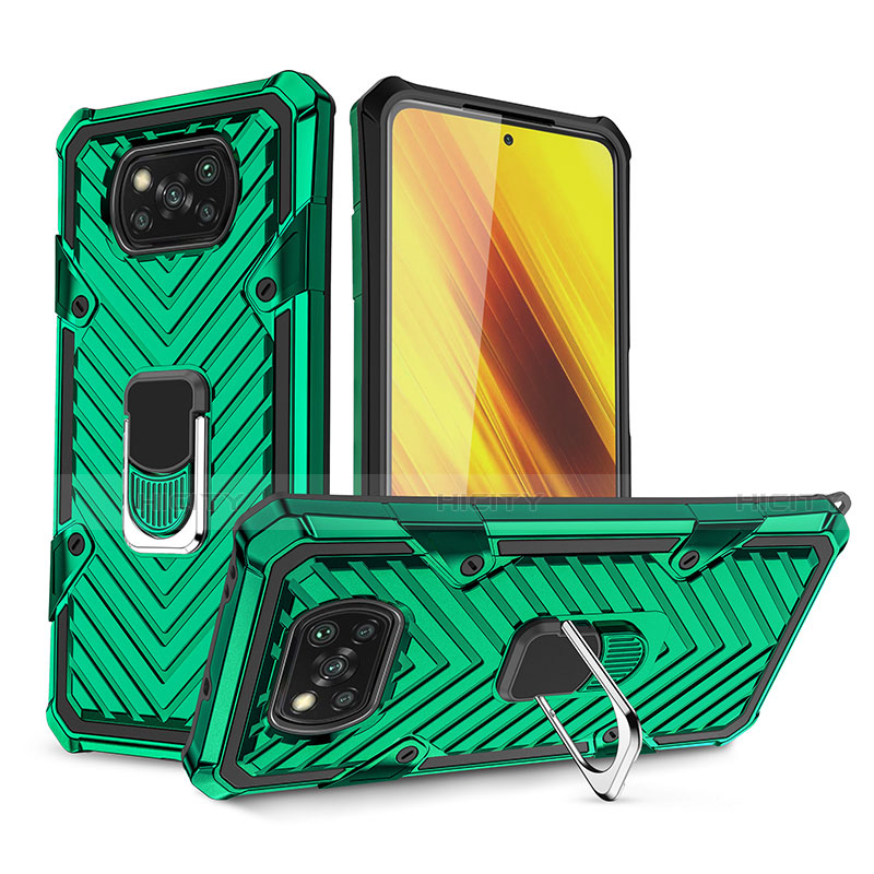 Custodia Silicone e Plastica Opaca Cover con Magnetico Anello Supporto S01 per Xiaomi Poco X3 Verde