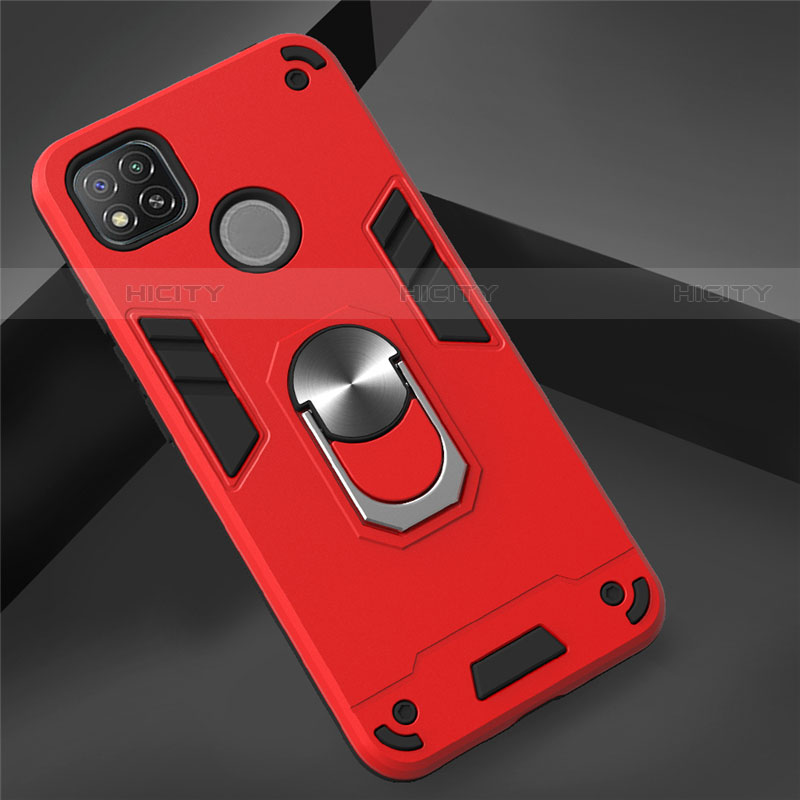 Custodia Silicone e Plastica Opaca Cover con Magnetico Anello Supporto S01 per Xiaomi Redmi 9 India Rosso