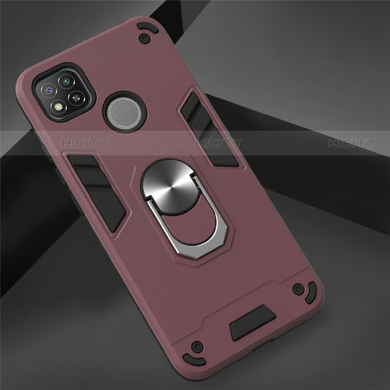 Custodia Silicone e Plastica Opaca Cover con Magnetico Anello Supporto S01 per Xiaomi Redmi 9 India Rosso Rosa