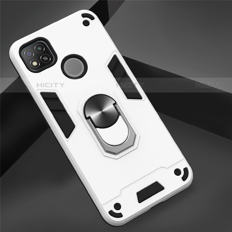 Custodia Silicone e Plastica Opaca Cover con Magnetico Anello Supporto S01 per Xiaomi Redmi 9C Bianco