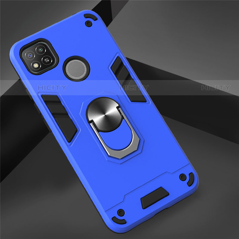 Custodia Silicone e Plastica Opaca Cover con Magnetico Anello Supporto S01 per Xiaomi Redmi 9C Blu