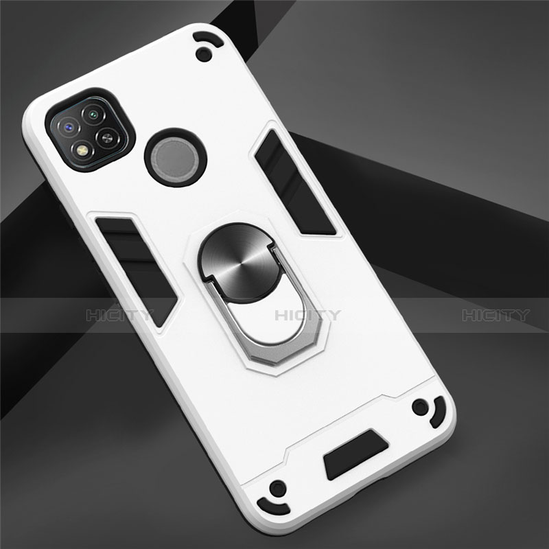 Custodia Silicone e Plastica Opaca Cover con Magnetico Anello Supporto S01 per Xiaomi Redmi 9C NFC Bianco