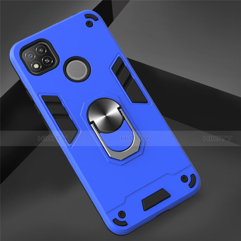 Custodia Silicone e Plastica Opaca Cover con Magnetico Anello Supporto S01 per Xiaomi Redmi 9C NFC Blu