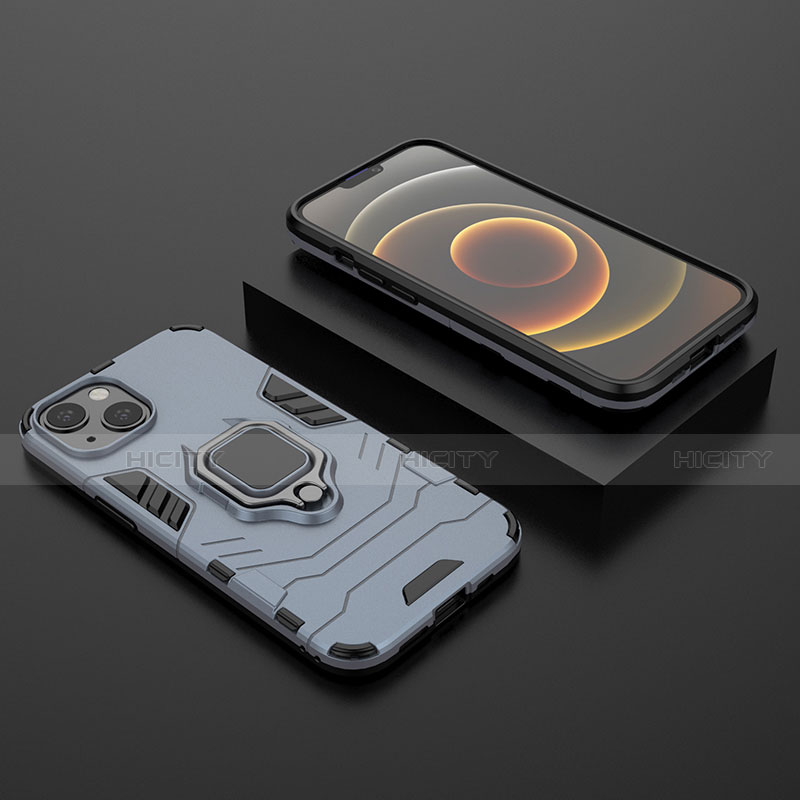 Custodia Silicone e Plastica Opaca Cover con Magnetico Anello Supporto S02 per Apple iPhone 13 Mini Blu